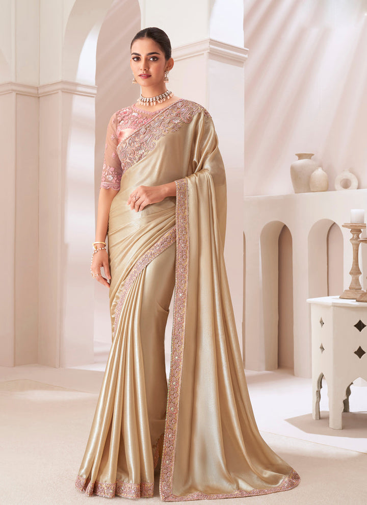 Lassya Fashion Beige Cream Satin Gold Chiffon Party Saree