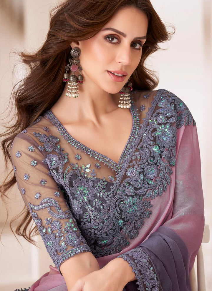 Lassya Fashion Lavender-Grey Pioneer Shaded Chiffon Party Saree