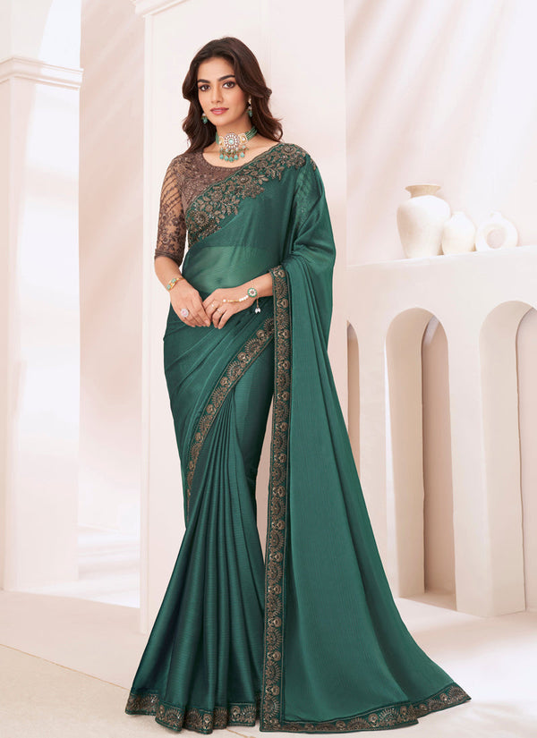 Lassya Fashion Pine Green Silk Pattern Georgette Party Saree