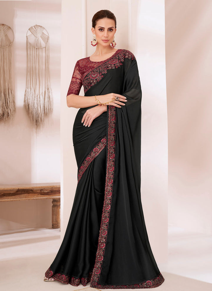 Lassya Fashion Jet Black Silk Chiffon Party Wear Saree