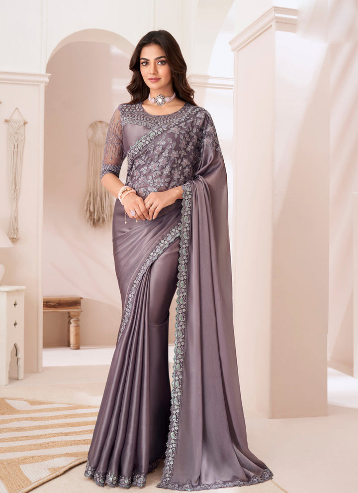 Lassya Fashion Silver-Grey Golden Sparkle Sartin Silk Party Saree