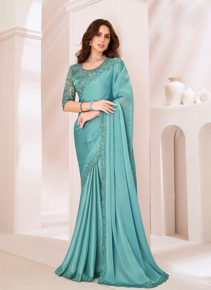 Lassya Fashion Rama Green Majestic Sartin Georgette Party Saree