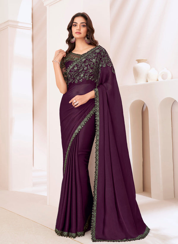 Lassya Fashion Purple Wine Cherry Sartin Chiffon Party Saree