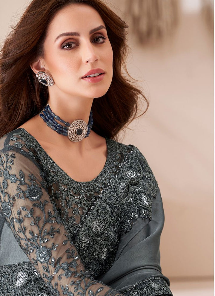 Lassya Fashion Slate grey Majestic Sartin Georgette Party Saree