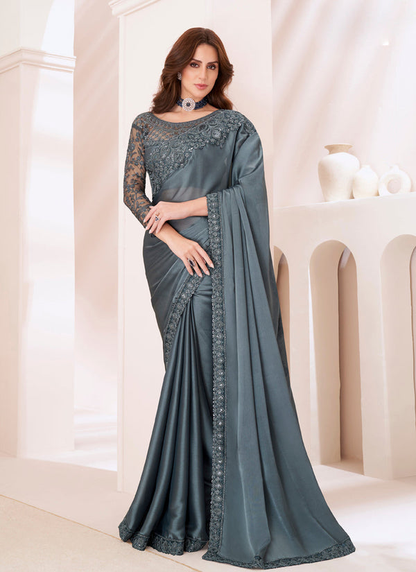 Lassya Fashion Slate grey Majestic Sartin Georgette Party Saree