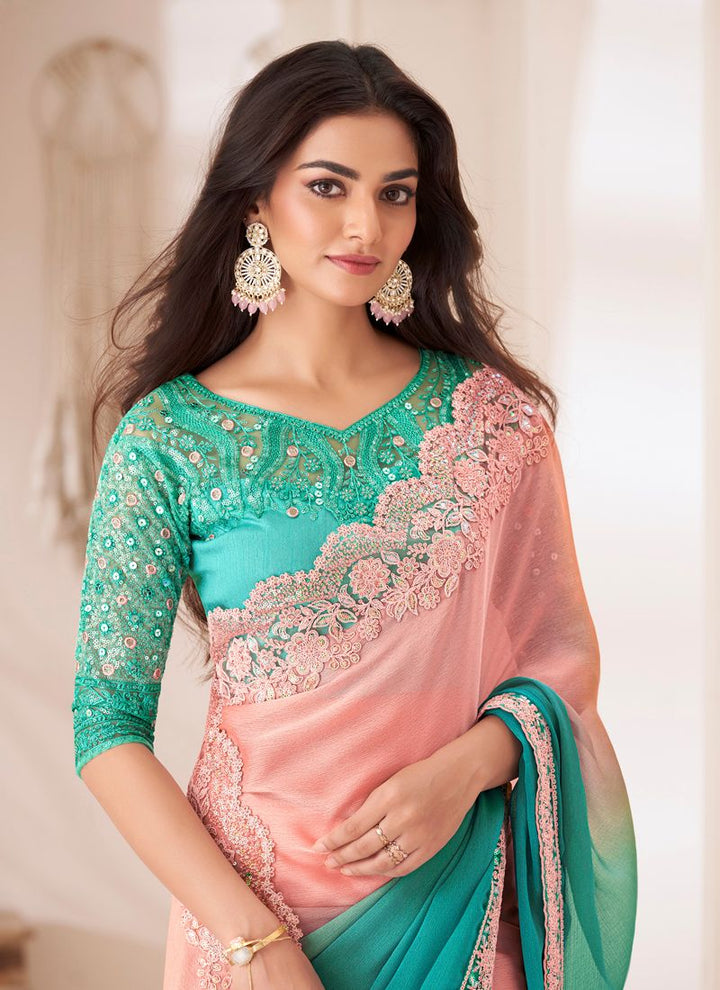 Lassya Fashion Pink-Green Pioneer Shaded Chiffon Party Saree