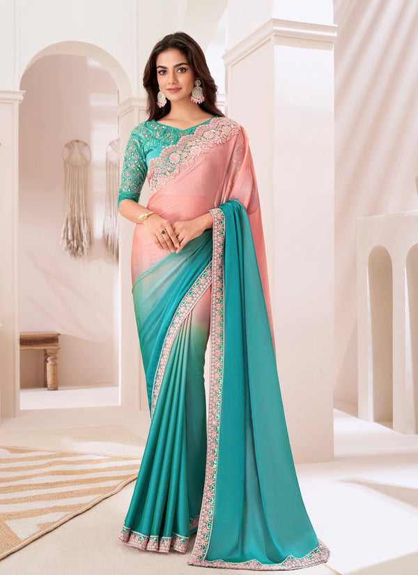 Lassya Fashion Pink-Green Pioneer Shaded Chiffon Party Saree