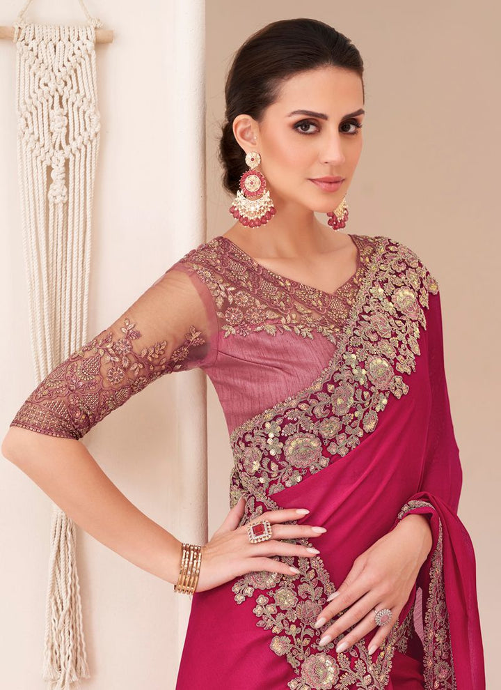 Lassya Fashion Magenta Pink Cherry Sartin Chiffon Party Saree