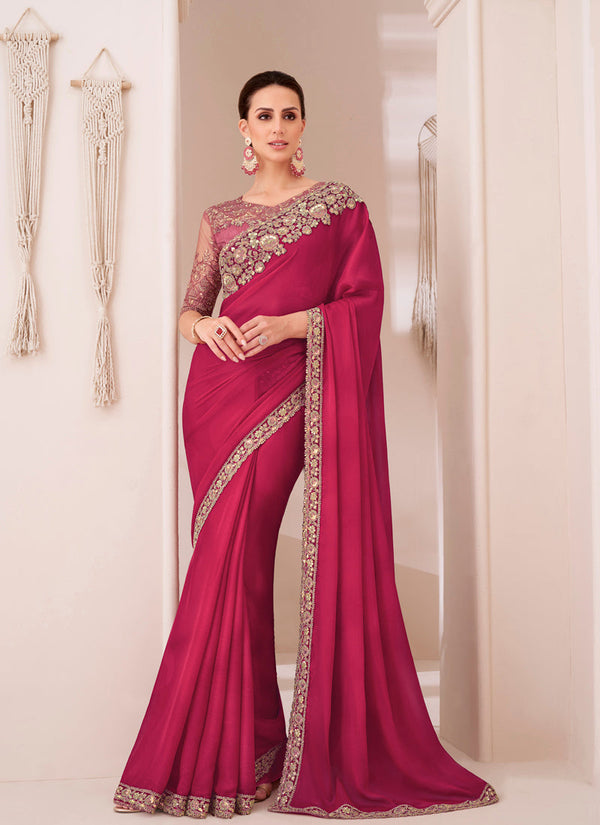 Lassya Fashion Magenta Pink Cherry Sartin Chiffon Party Saree