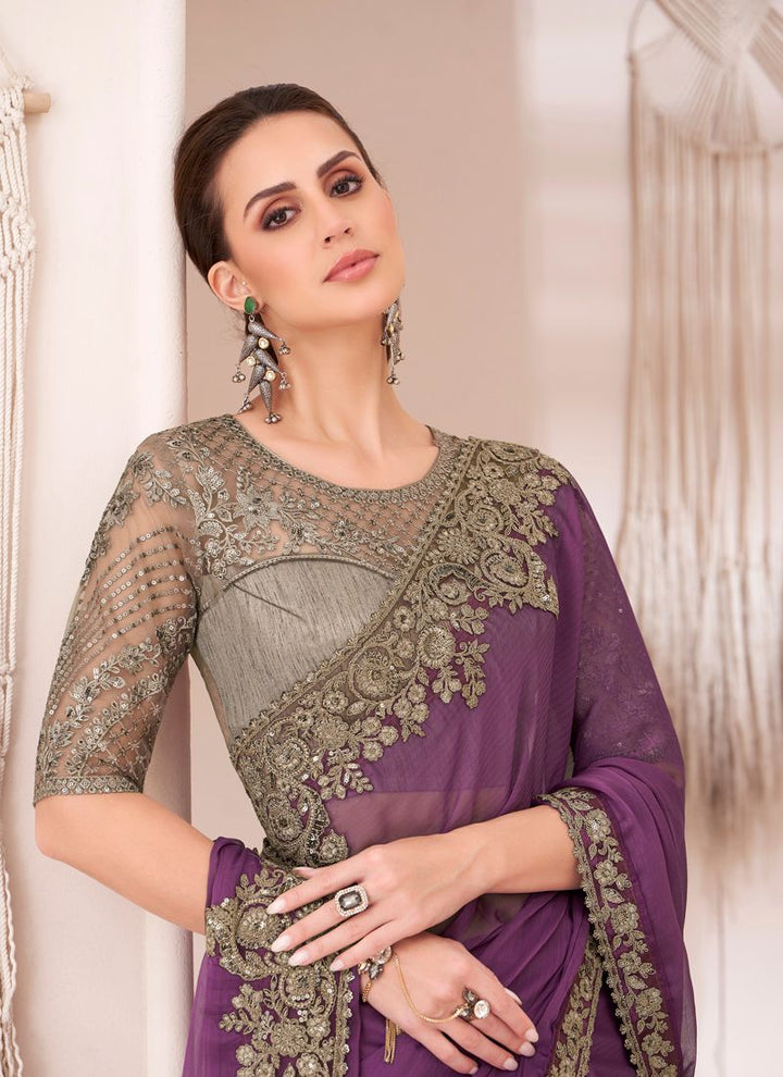 Lassya Fashion Violet Rich-Feel Georgette Chiffon Party Saree