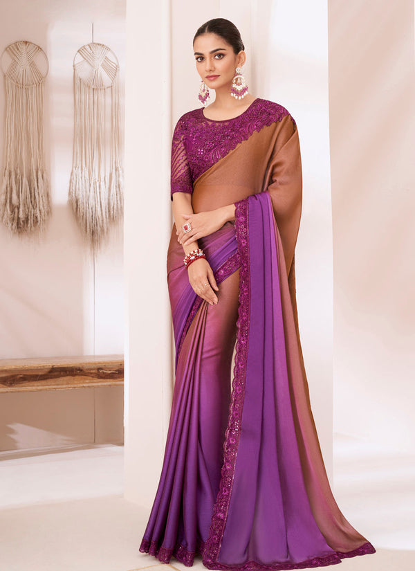 Lassya Fashion Copper Red-Violet Pioneer Shaded Chiffon Party Saree