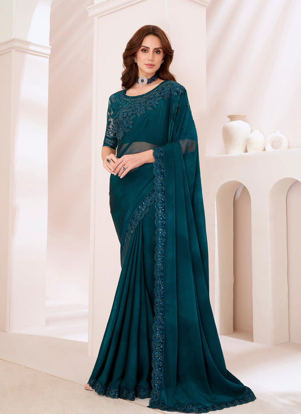 Lassya Fashion Teal Green Shaded Silver Chiffon Party Saree