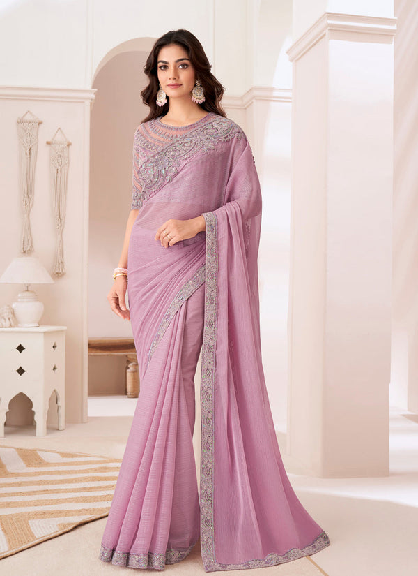 Lassya Fashion Lavender Blossom Silver Chiffon Party Saree