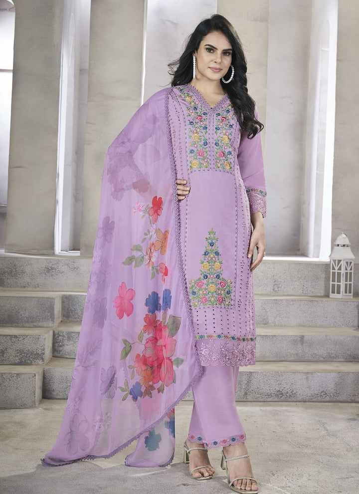 Lassya Fashion Lavender Straight Salwar Suit with Pearl Handwork