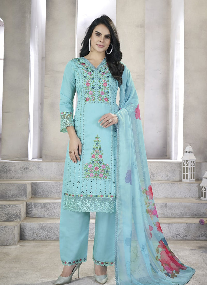 Lassya Fashion Sky Blue Straight Salwar Suit with Pearl Handwork