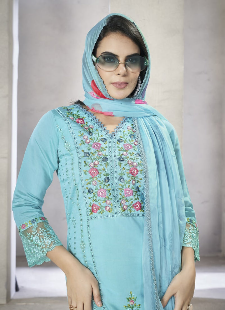 Lassya Fashion Sky Blue Straight Salwar Suit with Pearl Handwork