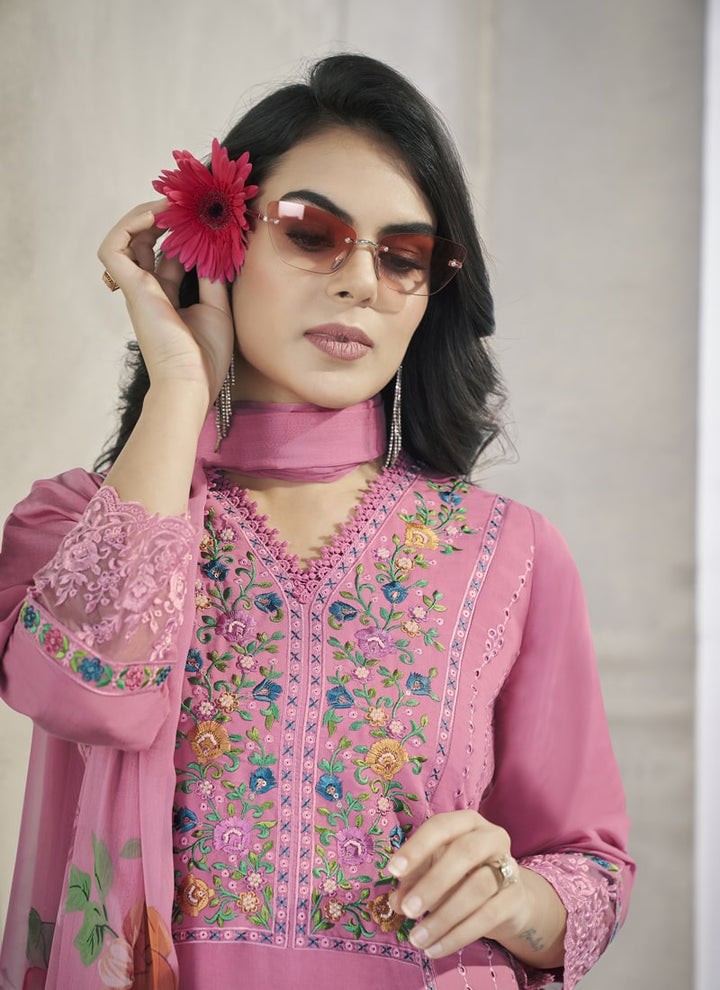 Lassya Fashion Rose Pink Straight Salwar Suit with Pearl Handwork