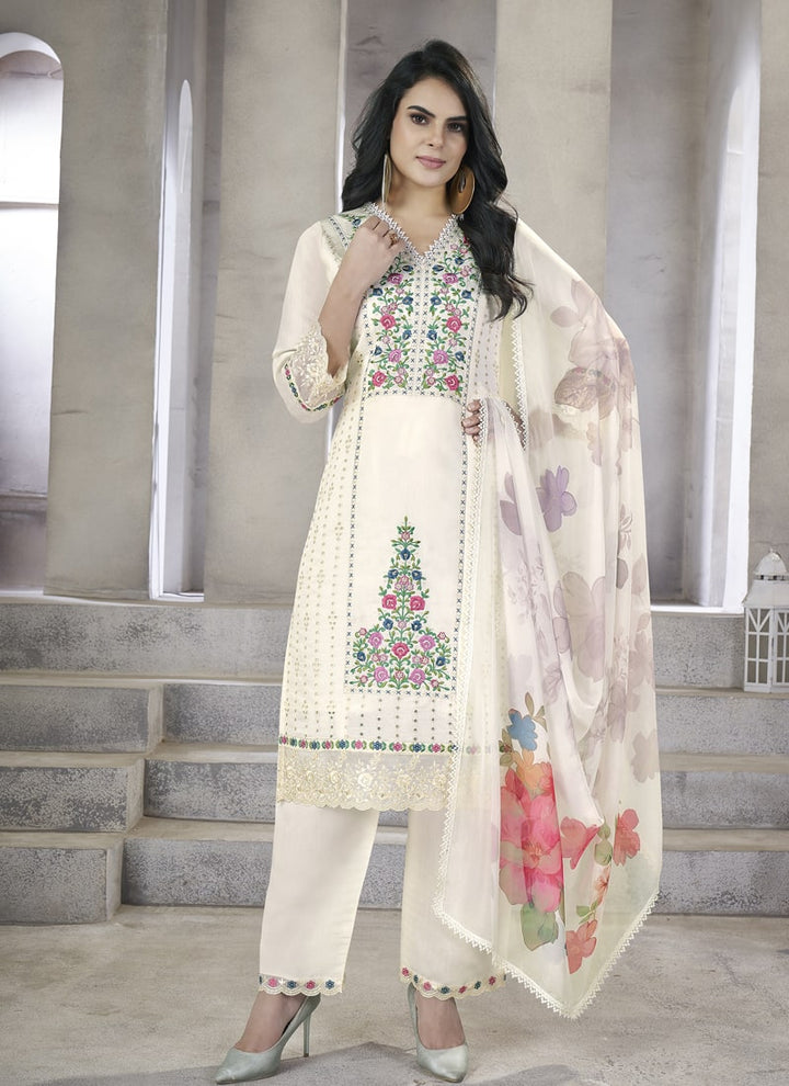 Lassya Fashion White Straight Salwar Suit with Pearl Handwork