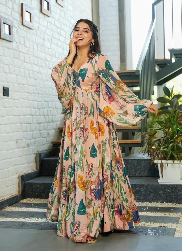 Lassya Fashion Peach Oragnge Elegant Heavy Digital Printed Anarkali Gown