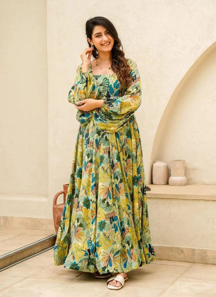 Lassya Fashion Mustsrd Yellow Elegant Heavy Digital Printed Anarkali Gown