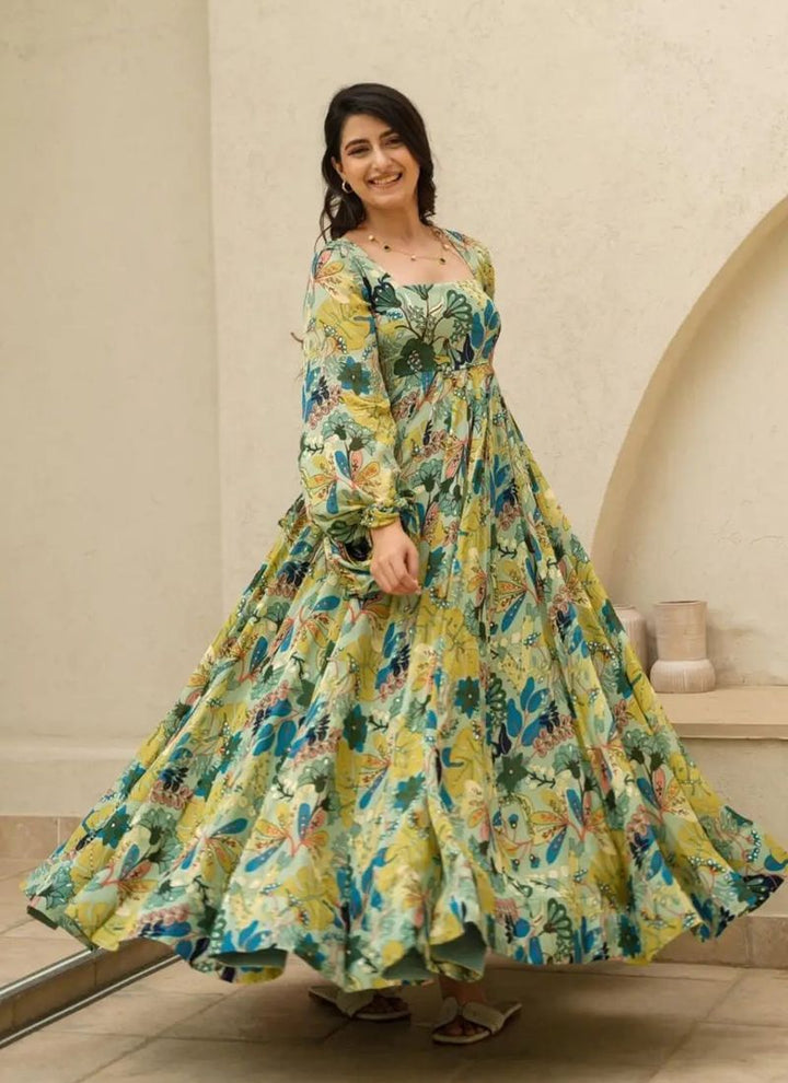 Lassya Fashion Mustsrd Yellow Elegant Heavy Digital Printed Anarkali Gown