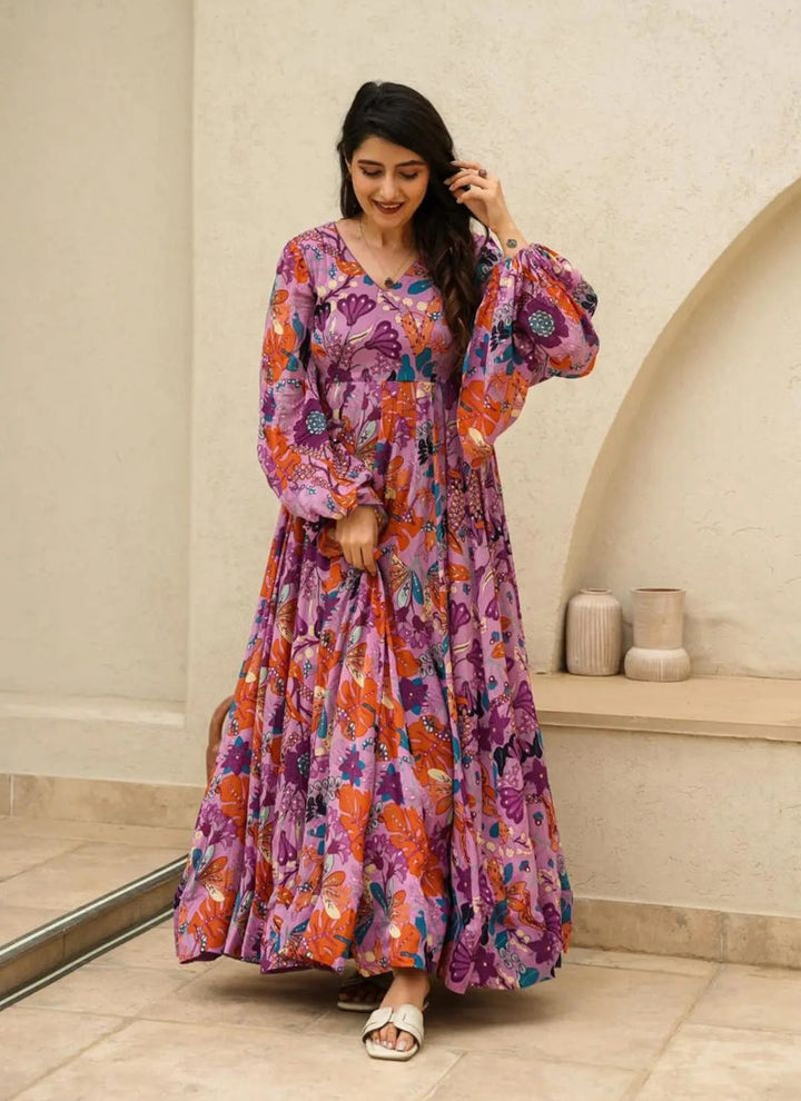 Lassya Fashion Lavender Pink Elegant Heavy Digital Printed Anarkali Gown