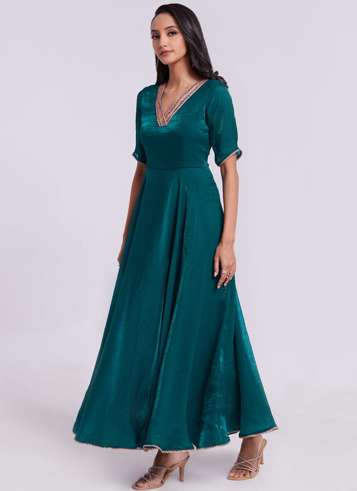 Lassya Fashion Teal green Lace Work Party Wear Gown