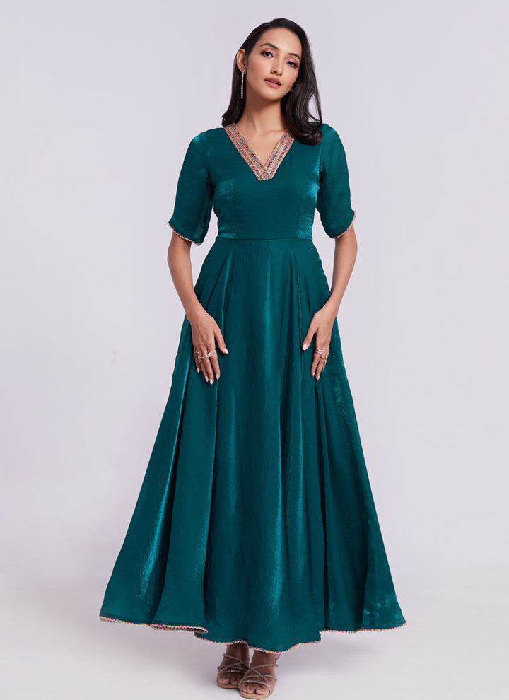 Lassya Fashion Teal green Lace Work Party Wear Gown