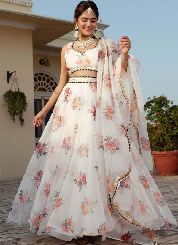 Lassya Fashion Pearl White Engagement Lehenga with Floral Digital Print-Embroidery