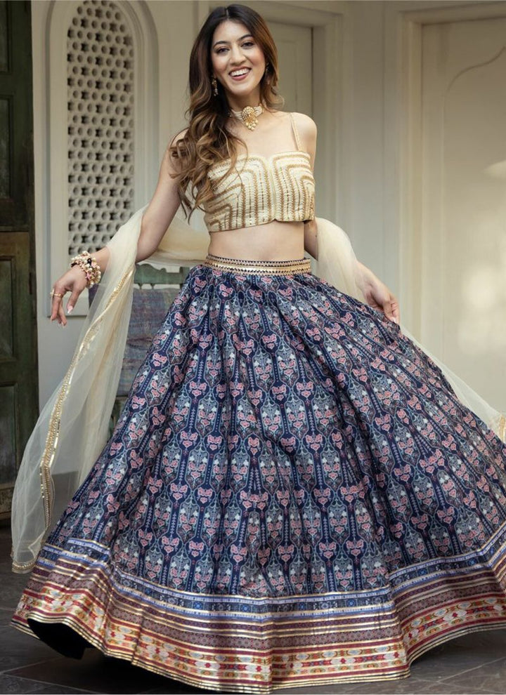 Lassya Fashion Cream-Blue Engagement Lehenga with Digital Print-Gota Patti Work