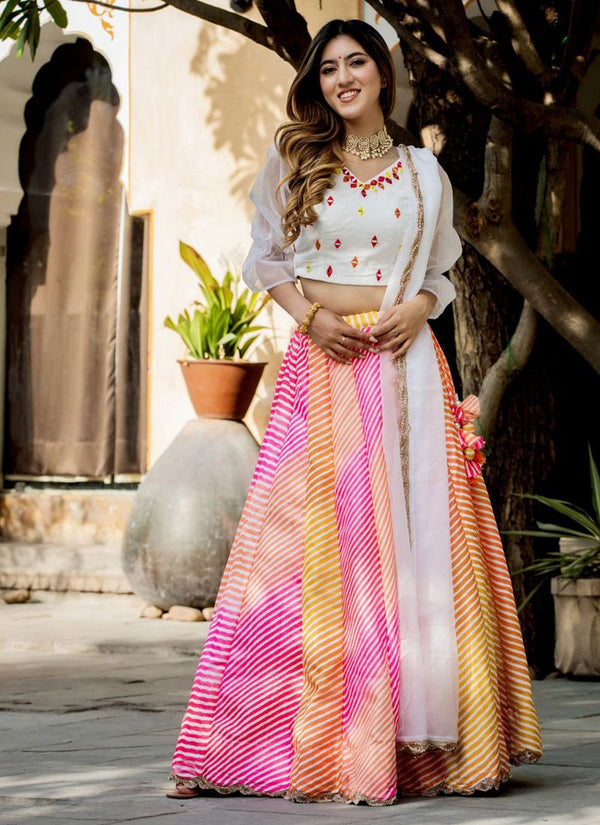 Lassya Fashion Snow White Engagement Lehenga with Digital Print-Pearl Embroidery