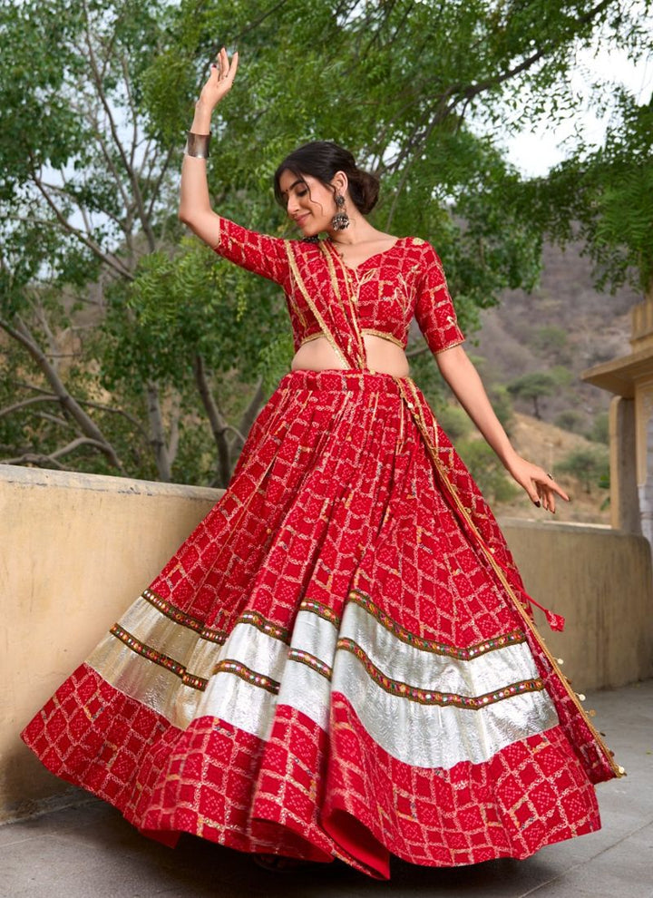 Lassya Fashion Rose Red Wedding Lehenga with Foil Print & Gota Patti