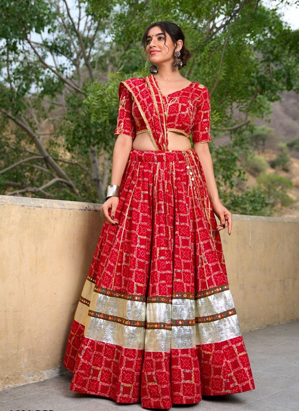 Lassya Fashion Rose Red Wedding Lehenga with Foil Print & Gota Patti