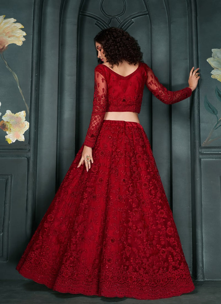 Lassya Fashion Cherry Red Wedding Lehenga with Embroidery and Stone Embellishments