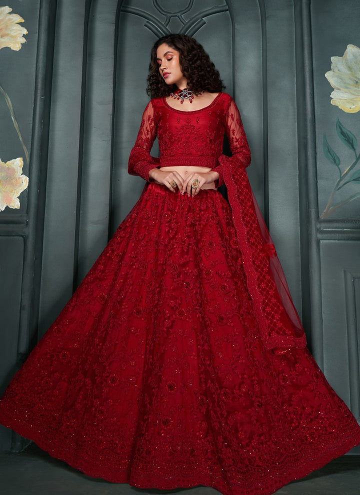 Lassya Fashion Cherry Red Wedding Lehenga with Embroidery and Stone Embellishments