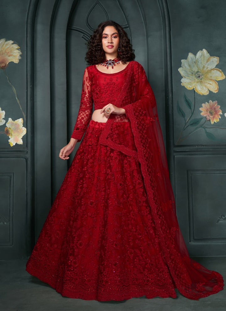 Lassya Fashion Cherry Red Wedding Lehenga with Embroidery and Stone Embellishments