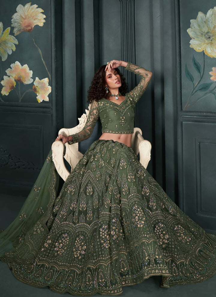 Lassya Fashion Mehendi Green Wedding Lehenga with Embroidery and Stone Embellishments