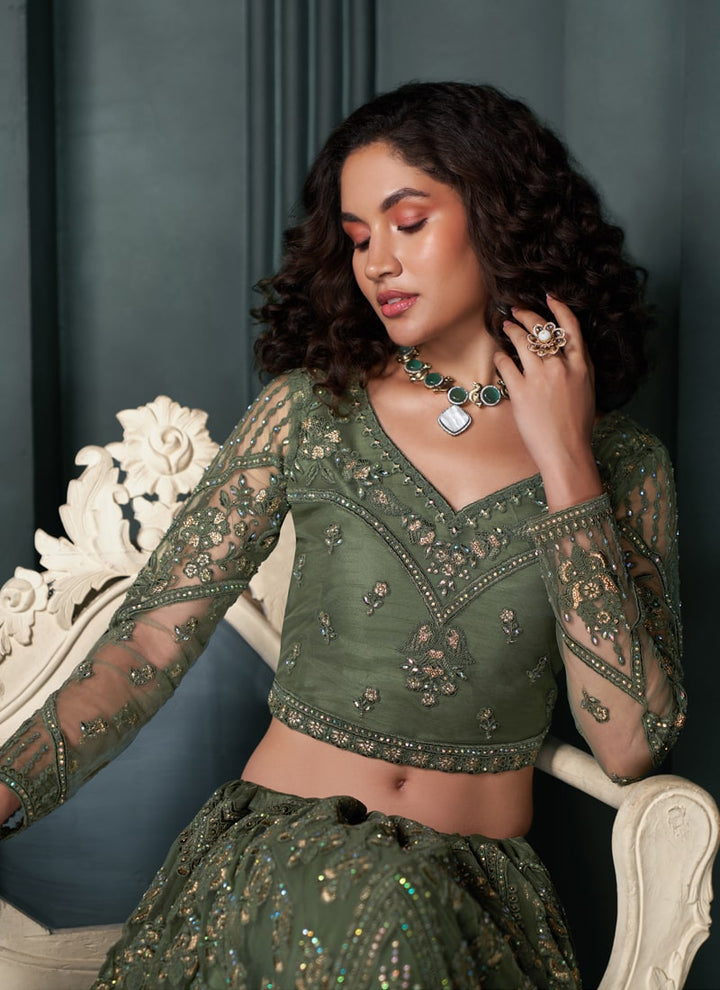 Lassya Fashion Mehendi Green Wedding Lehenga with Embroidery and Stone Embellishments