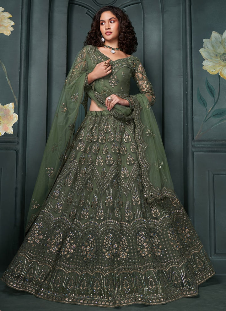 Lassya Fashion Mehendi Green Wedding Lehenga with Embroidery and Stone Embellishments