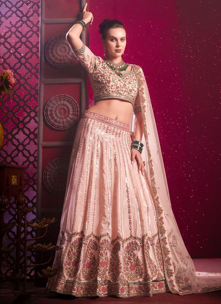 Lassya Fashion Peach Pink Sequined Embroidery Wedding Lehenga