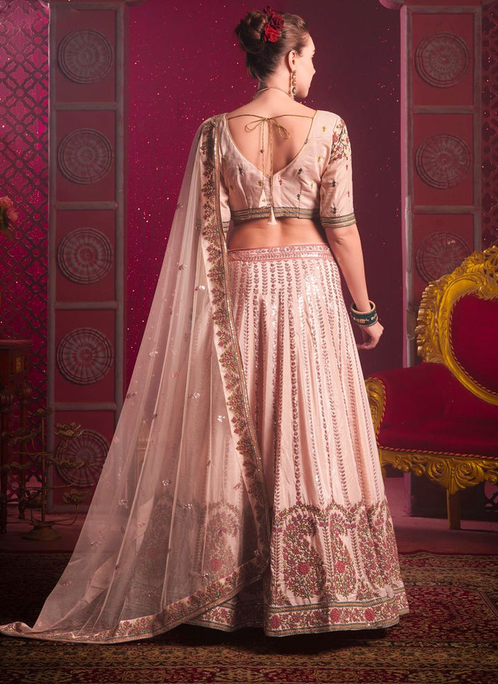 Lassya Fashion Peach Pink Sequined Embroidery Wedding Lehenga