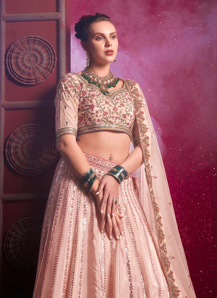 Lassya Fashion Peach Pink Sequined Embroidery Wedding Lehenga