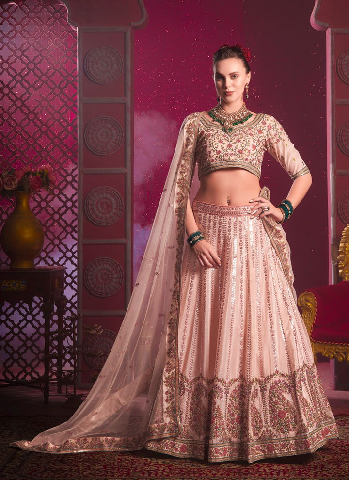 Lassya Fashion Peach Pink Sequined Embroidery Wedding Lehenga