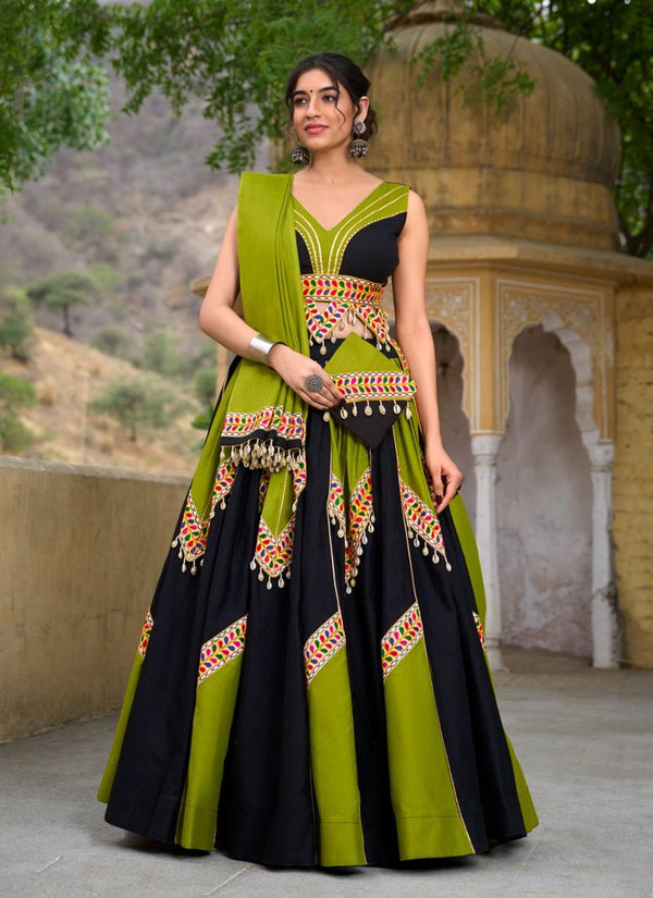 Lassya Fashion Black-Olive Green Festive Wear Lehenga with Gamthi and Gota Patti