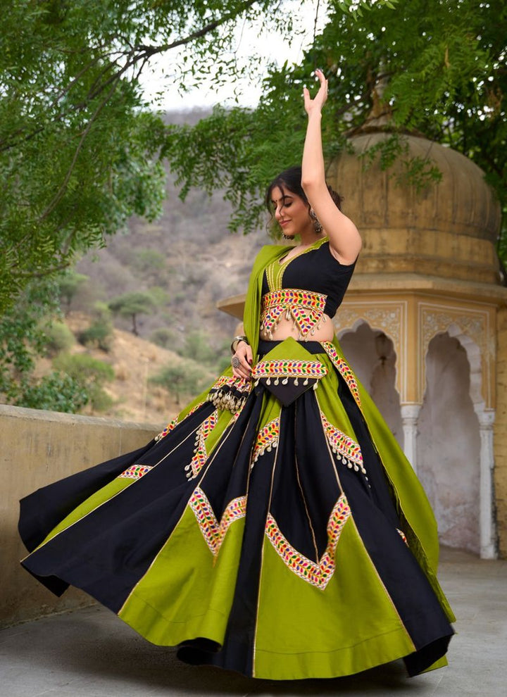 Lassya Fashion Black-Olive Green Festive Wear Lehenga with Gamthi and Gota Patti