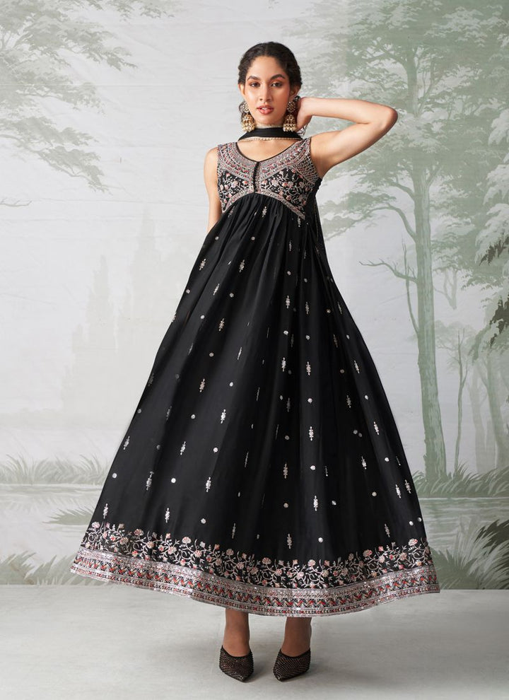 Lassya Fashion Black Alia Cut Anarkali Dress with Multi-Thread Embroidery