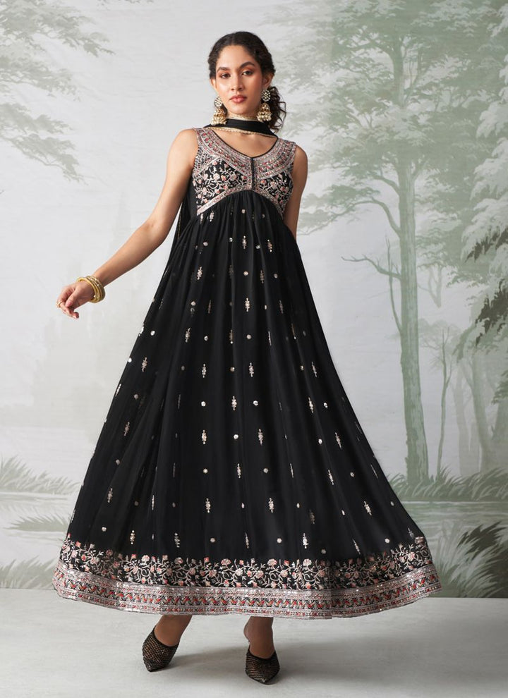 Lassya Fashion Black Alia Cut Anarkali Dress with Multi-Thread Embroidery