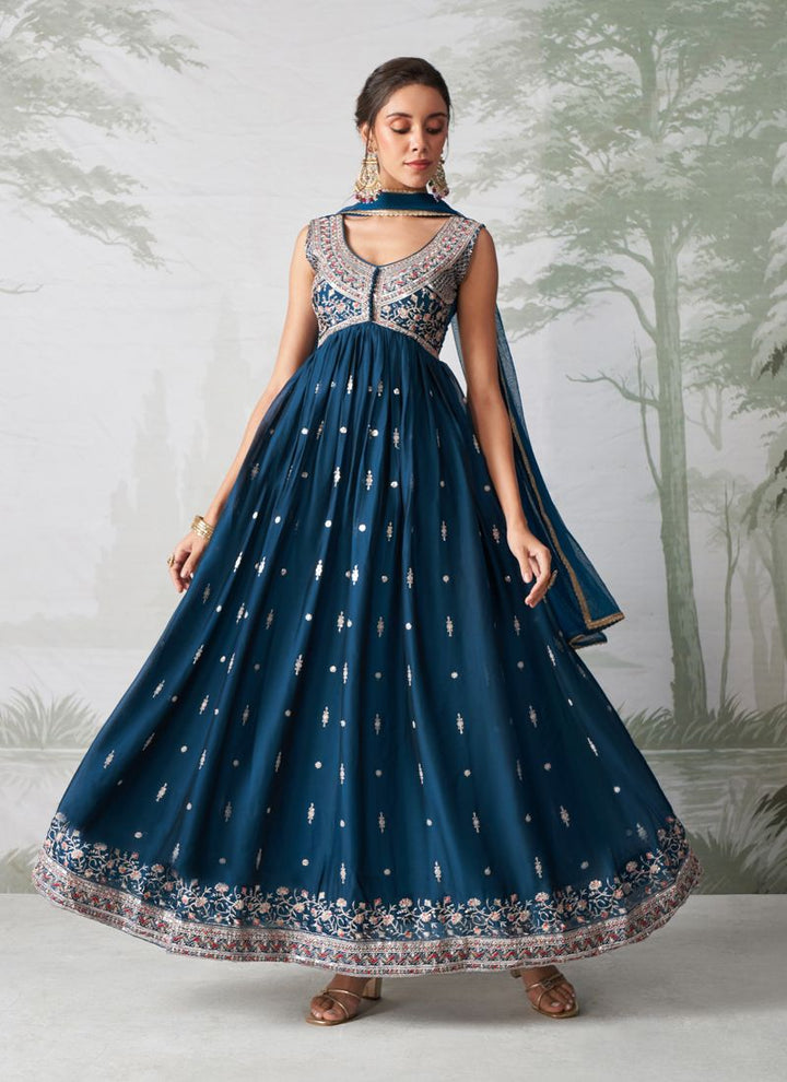 Lassya Fashion Teal Blue Alia Cut Anarkali Dress with Multi-Thread Embroidery