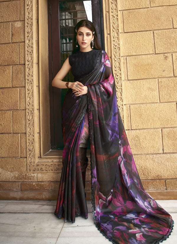 Lassya Fashion Midnight Black Party Wear Saree with Handwork and Tie-Dye