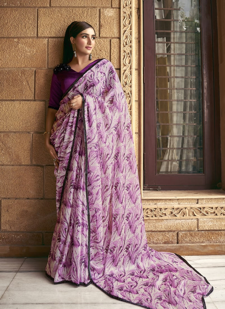 Lassya Fashion Purple Lavender Party Wear Saree with Beads Work and Print